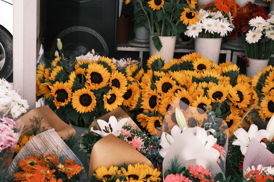 A vibrant display of fresh flowers featuring bright yellow sunflowers with dark centers, arranged in bouquets wrapped in brown kraft paper and white tissue, resting on a surface with other mixed flowe
