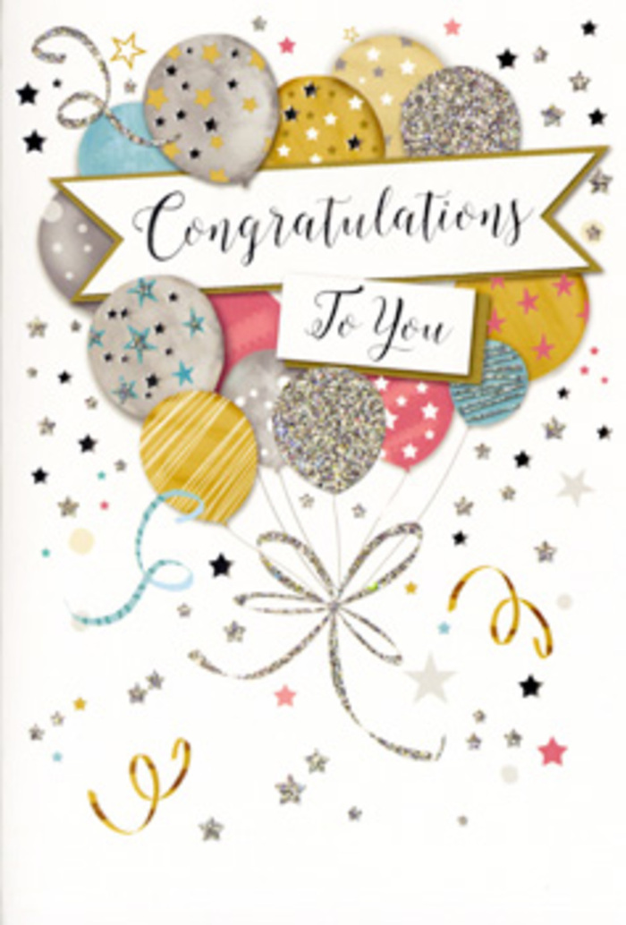 In this photograph, a refined congratulations card is shown upright, its design capturing the airy joy of a celebration that might be shared with friends and family gathering in a Hook home. The card's central artwork is a lively grouping of balloons rising toward the top edge, overlapping slightly to create a gentle sense of depth, almost as if you could reach out and feel their smooth, inflated surfaces. The colour scheme is soft and festive: muted gold, brushed silver, champagne, sky blue, rosy pink, and light grey. Each balloon carries its own intricate decoration, from tiny metallic stars that glint in the light, to slender horizontal stripes, to delicate speckled patterns suggesting fine glitter. Slender, curling ribbons tumble down from the balloon bases, drawn in shimmering gold and silver tones that twist and loop like real ribbons tied at a party in one of Hook's leafy streets. Across the middle of the composition, a subtly curved banner gently rests among the balloons. On it, the words Congratulations To You are written in elegant, flowing script, the letters sweeping gracefully from one to the next, conveying both pride and tenderness. Around the central cluster, the light-toned background is sprinkled with small shining stars, swirling accents, and tiny confetti-like dots, offering a sense of movement as though the card captures a single, joyful moment in time. The overall effect is one of considered celebration-neither too bold nor too understated-making this the ideal card to accompany flowers for exam success, job promotions, or special achievements across Hook and the surrounding lanes, adding a beautifully illustrated note of admiration to the occasion.