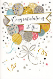 A single congratulations card fills the frame here, its artwork giving the impression of a gentle yet sparkling celebration, much like a quiet party at home in Hook after good news. The front cover centres on a bouquet of illustrated balloons, floating together in a loose cluster that rises from the lower part of the card. Their colours are soft and harmonious: gentle gold, luminous silver, warm champagne, sky blue, tender blush pink, and cool grey. Each balloon is adorned with a different motif-some feature tiny metallic stars scattered across their surface, others wear slim shimmering stripes, and a few are dusted with glitter-style flecks that catch the light, as though a window by Hook's High Street were shining onto them. From the base of these balloons, thin curling ribbons fall gracefully downward, drawn with glints of gold and silver that intertwine and loop like party streamers. A classic banner sweeps across the centre of the arrangement, lightly resting on the balloons. The banner bears the words Congratulations To You in elegant calligraphy, the letters flowing in a way that conveys genuine warmth and respect for the recipient. The background is a soft, pale shade, allowing the colours and metallic touches to stand out clearly. Around the balloons and banner, tiny stars, delicate swirls, and confetti-like dots drift outward, suggesting movement and the happy chaos of a celebration without overcrowding the design. The result is a card that feels graceful and heartfelt, ideal for accompanying a floral delivery marking a promotion, graduation, new chapter, or any proud moment in Hook and the nearby villages, where a simple, beautiful gesture can mean so much.