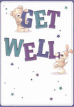 With cheerful optimism, this get well card shines as a beacon of kindness for anyone in recovery throughout Hook. Two loveable characters-a teddy bear and a floppy-eared puppy-seem to leap from the page, joyfully holding and balancing the bold, multi-toned letters of 'Get Well'. The deep indigo and teal hues of the text pop brightly against a creamy white backdrop, bringing a vibrant energy that easily lifts the mood. Twinkling stars, rendered in blues and purples, impart a sense of hopefulness that mirrors the calm beauty of Hook's local green spaces after a rain. The detailed illustration provides a tactile sense, as if the bear's plush fur and puppy's gentle ears could be felt beneath your fingertips-much like clutching a comforting bouquet. More than a mere card, it offers comfort and kindness, carrying with it the familiar care and supportive touch of a neighbourhood florist, ready to deliver thoughtful wishes across the Hook community.